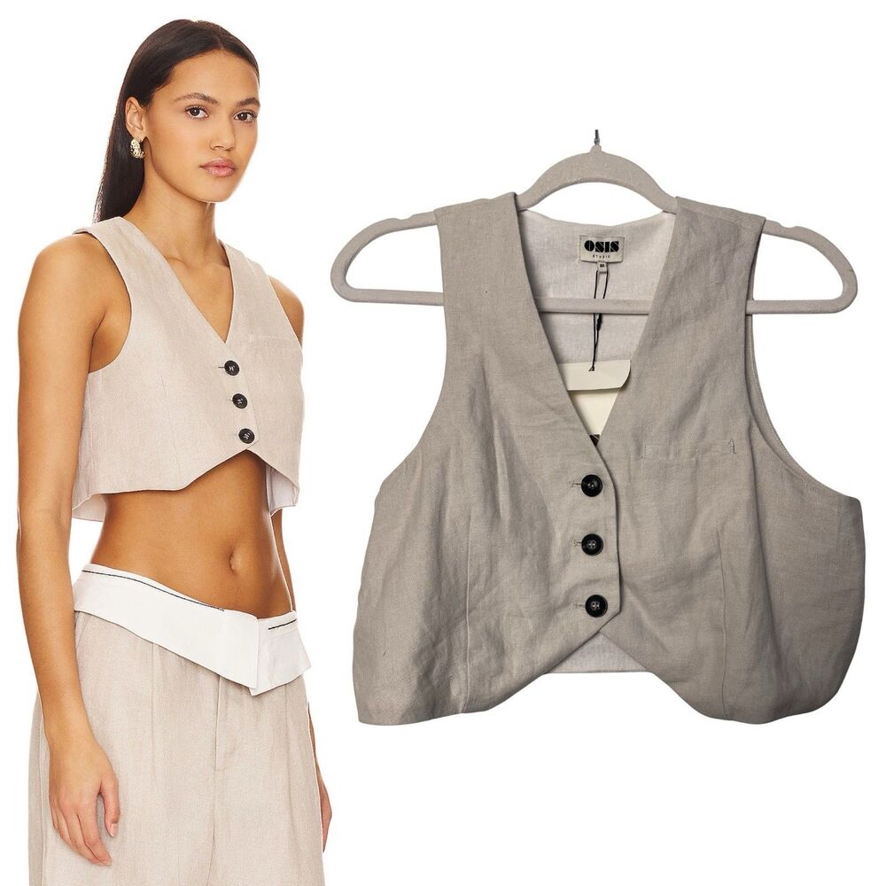REVOLVE Osis Studio Linen M Womens Debbie Knit Vest Top Beige Cropped Button Up